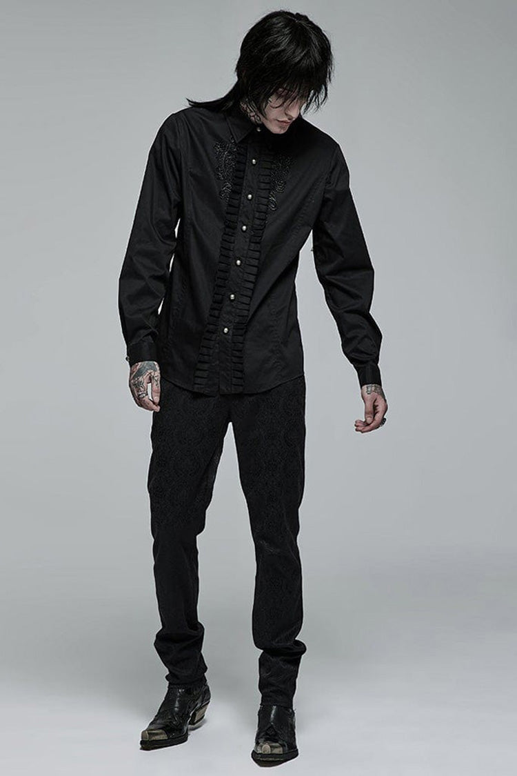Black Gothic Delicate Decals Placket Pleated Ruffle Long Sleeve Shirt