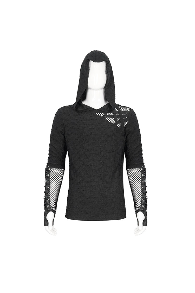 Black Lace Up Mesh Splice Long Sleeve Punk Hoodies