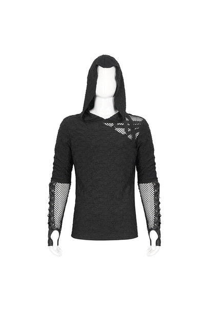 Black Lace Up Mesh Splice Long Sleeve Punk Hoodies