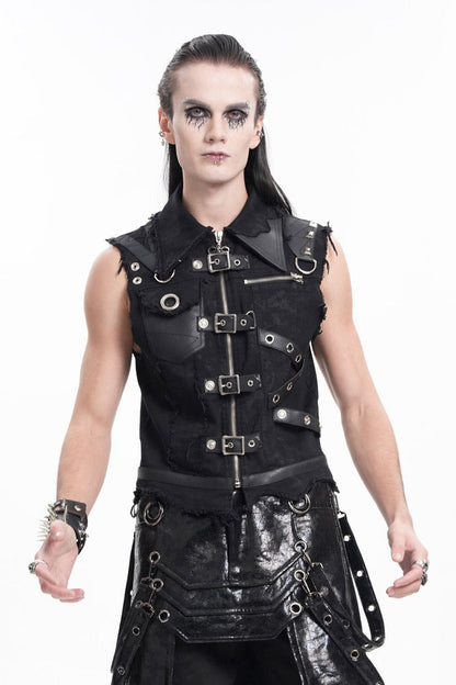 Black Lapel Collar Sleeveless Ripped Buckle Eyelets Gothic Vest