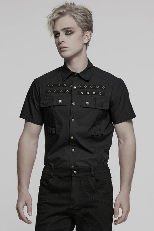 Black Lapel Collar Short Sleeves Pocket Eyelet Punk Blouse