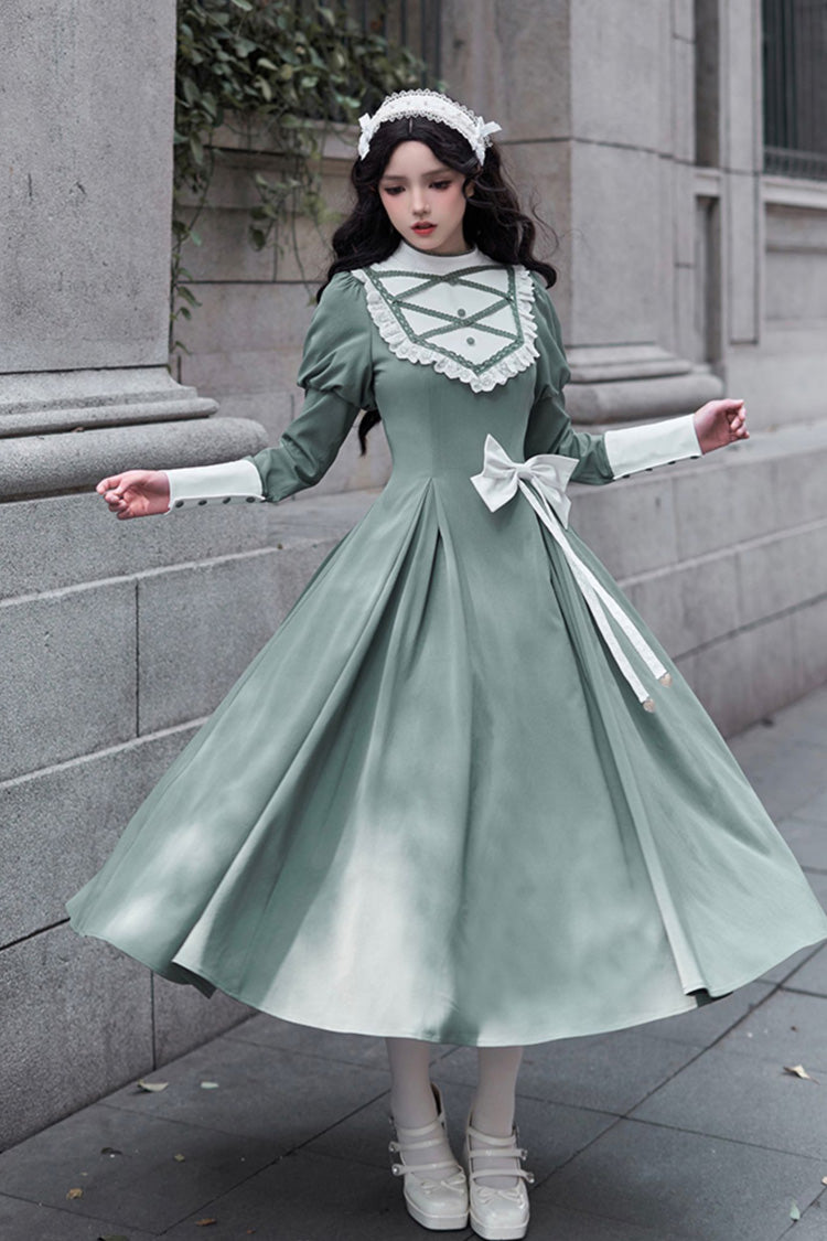 Green Nun Style Stand Collar Long Sleeves Ruffle Bowknot Classic Lolita Dress