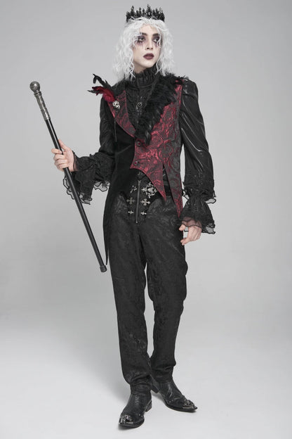 Black Long Sleeves Rose Print Irregular Contrast Color Gothic Vest With Detachable Feather Accessory