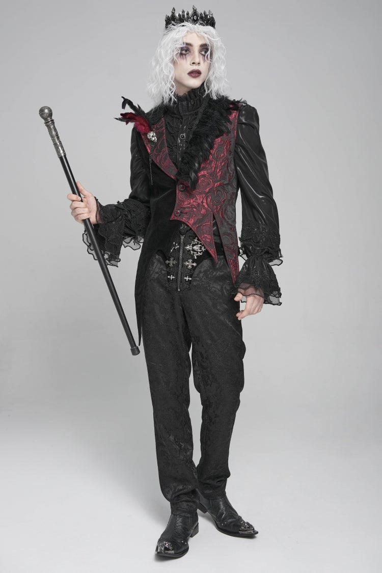 Black Long Sleeves Rose Print Irregular Contrast Color Gothic Vest With Detachable Feather Accessory