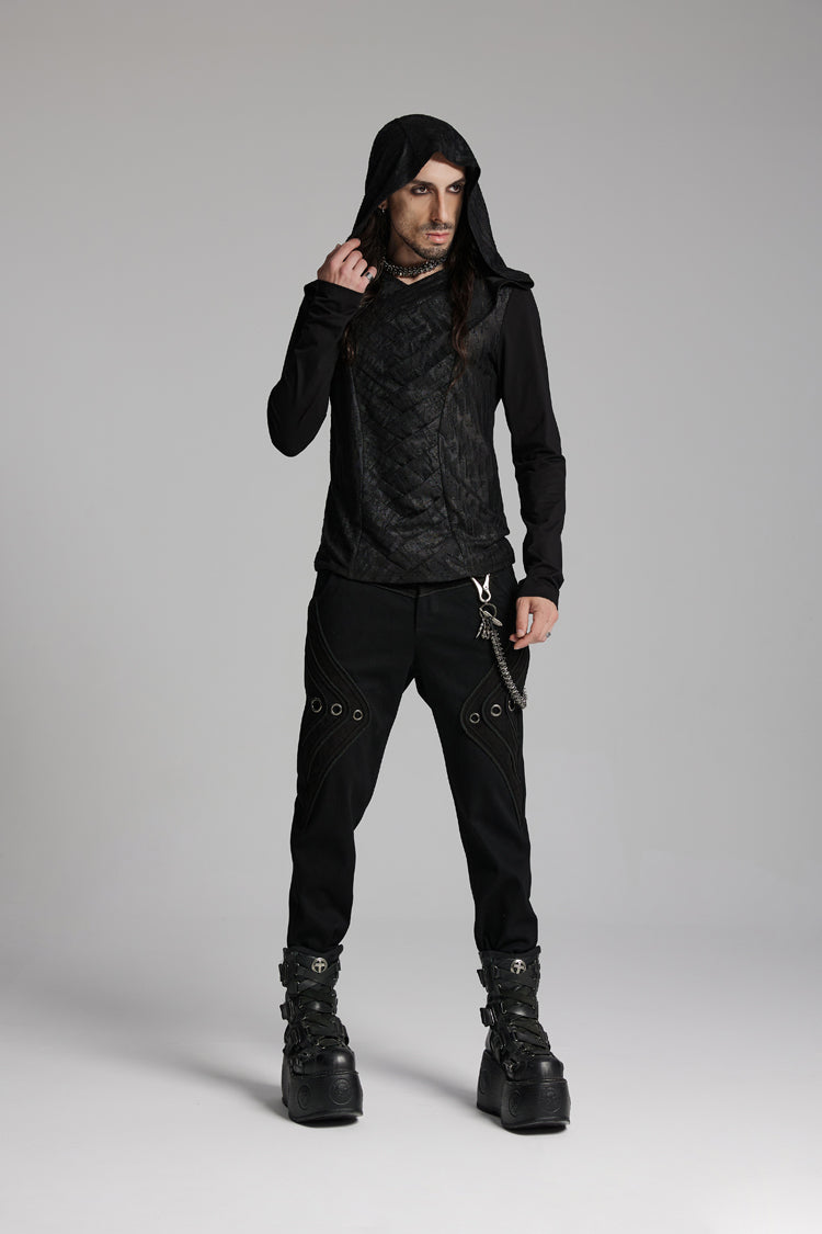 Black V Collar Long Sleeves Hooded Overlaping Mesh Punk T-shirt