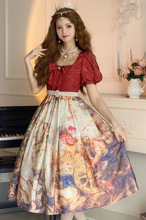 Red Puff Sleeve Church Victory Print Classic Lolita Op Dress