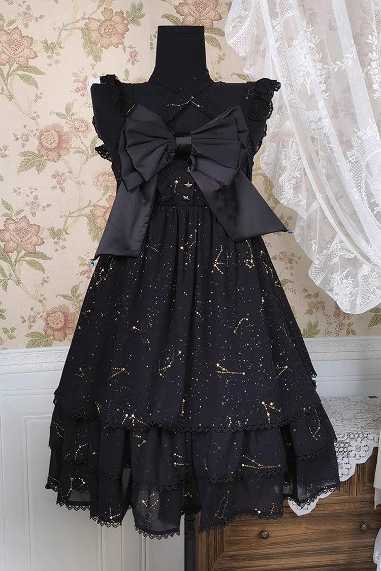 Black Triple-layered Ruffle Hot Stamping Bowknot Classic Gothic Princess Lolita Jsk Dress