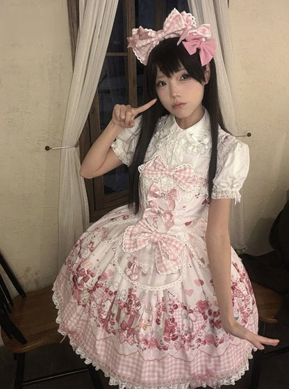 [pre-order Deadline: May 5] Pink Cherry Print Lace Ribbon Bunny Ear Apron Jsk Dress + Accessories