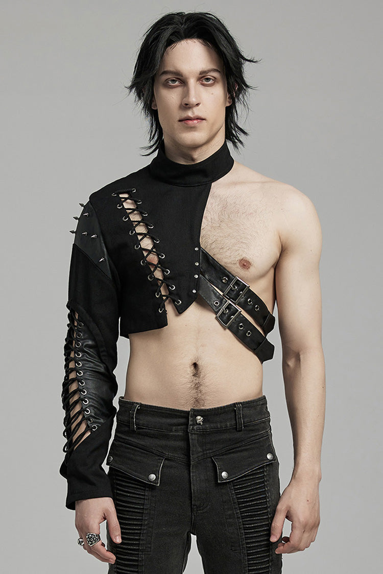 Black Stand Collar Asymmetric Rivet Buckle Punk Faux Leather Harness