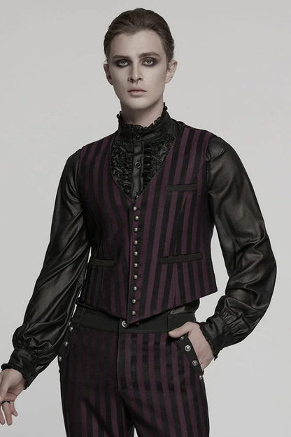 Black/red V Collar Sleeveless Striped Print Buckle Punk Vest