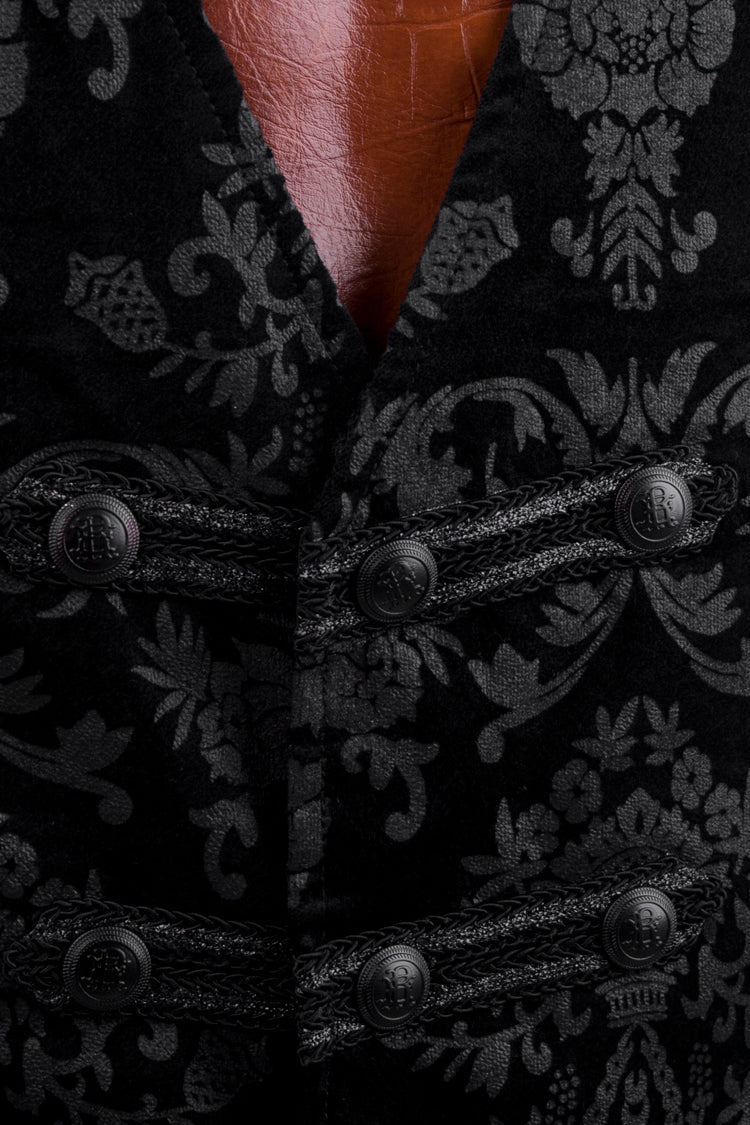 Black Retro Jacquard Front Woven Strap Metal Button Gothic Vest