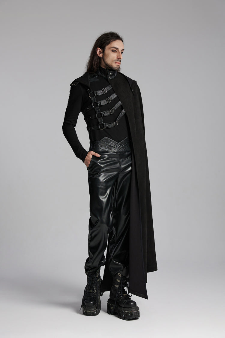 Black Hooded Buckle-up Rivets Punk Cloak