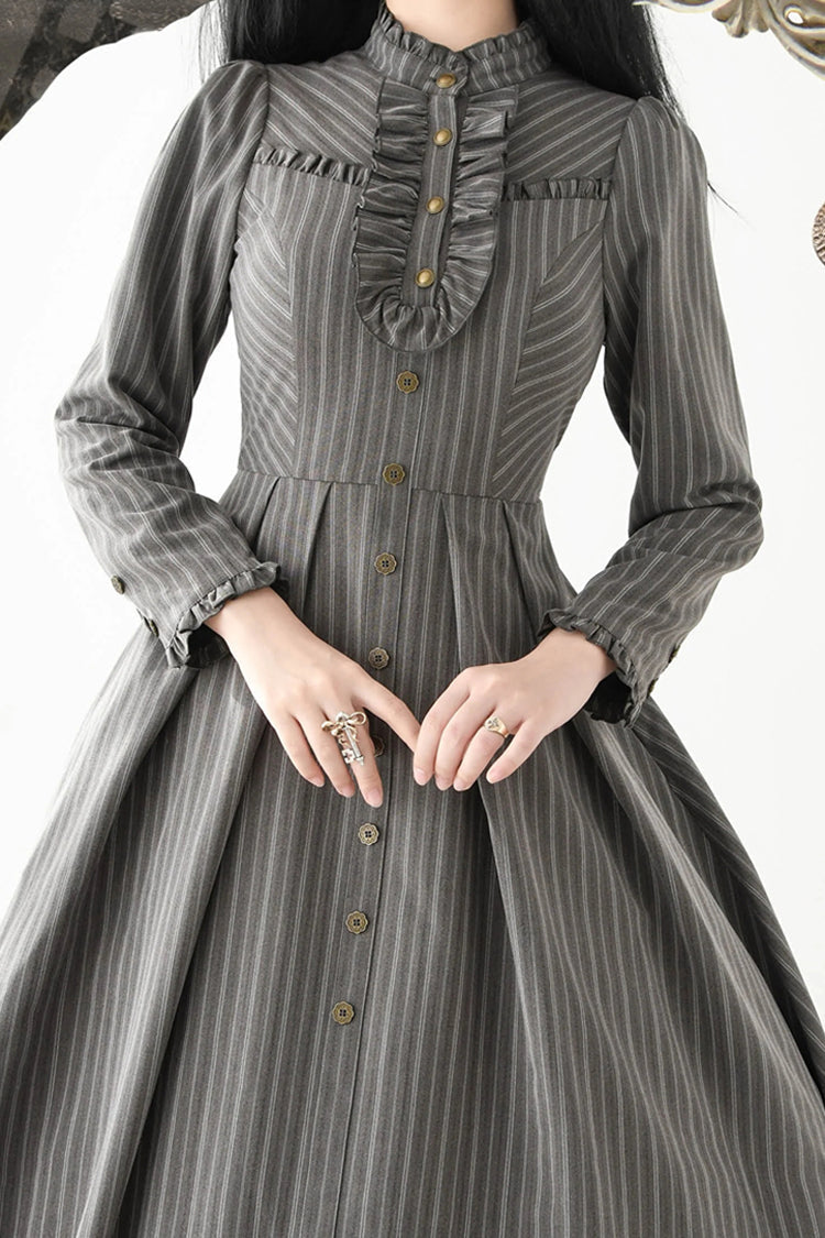 [forest Castle] Stand Collar Long Sleeves Striped Printed Ruffled Classic Lolita Dress 3 Colors