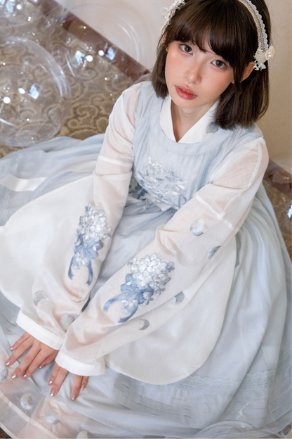 Pure White Chinese Dress + Cover Apron + Belt
