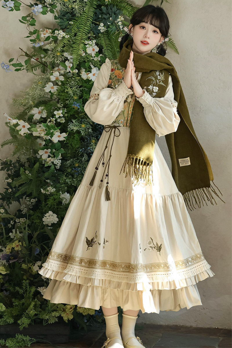 Pastoral Lolita Long Sleeve Dress + Vest + Scarf