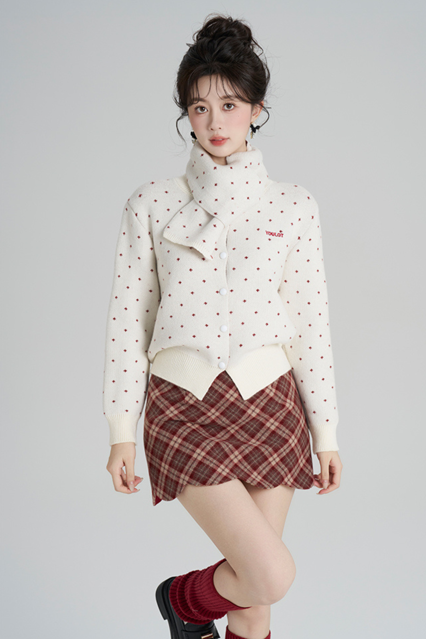 French Style Dotted Cardigan With Scarf