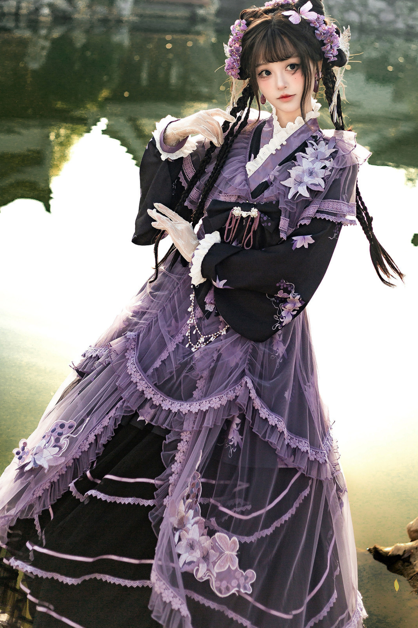 Chinese-style Purple Dress + Outer Dress + Long Skirt