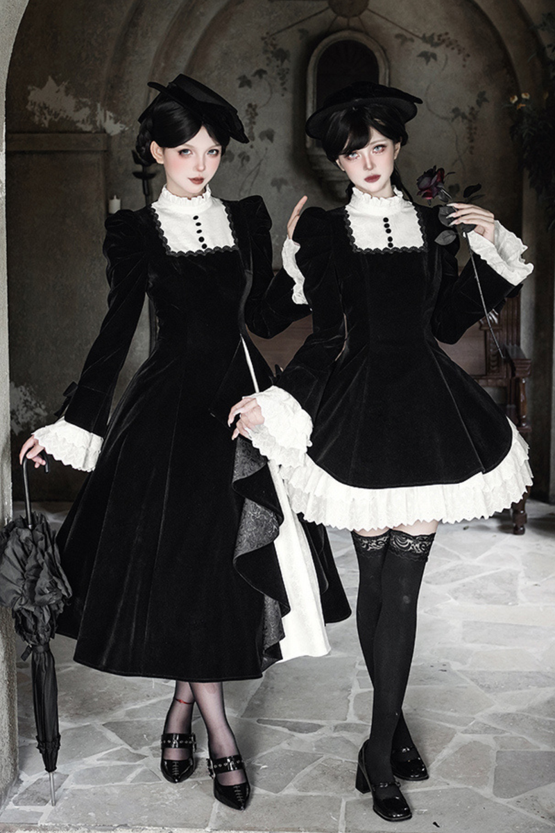 Slim Contrast Color Twin Dress + Collar + Bow + Brooch + Hat