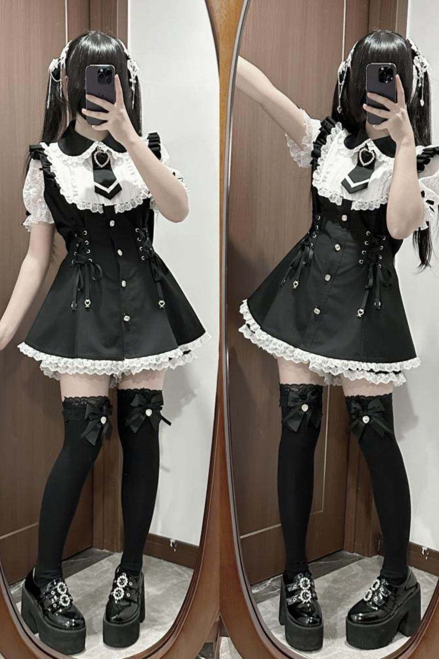 Lace-up Jirai Dress + Shorts + Sleeves + Brooch