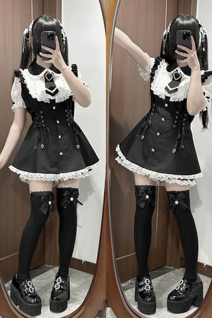 Lace-up Jirai Dress + Shorts + Sleeves + Brooch
