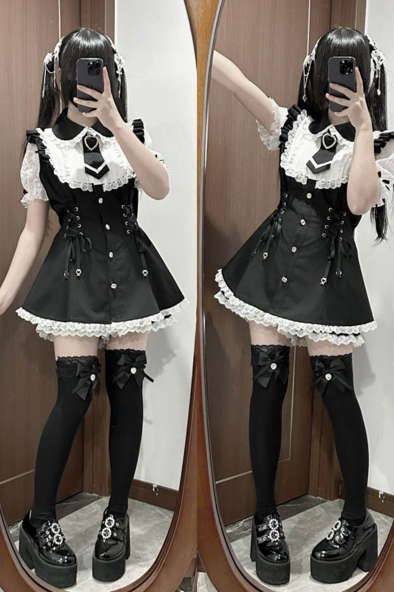 Lace-up Jirai Dress + Shorts + Sleeves + Brooch
