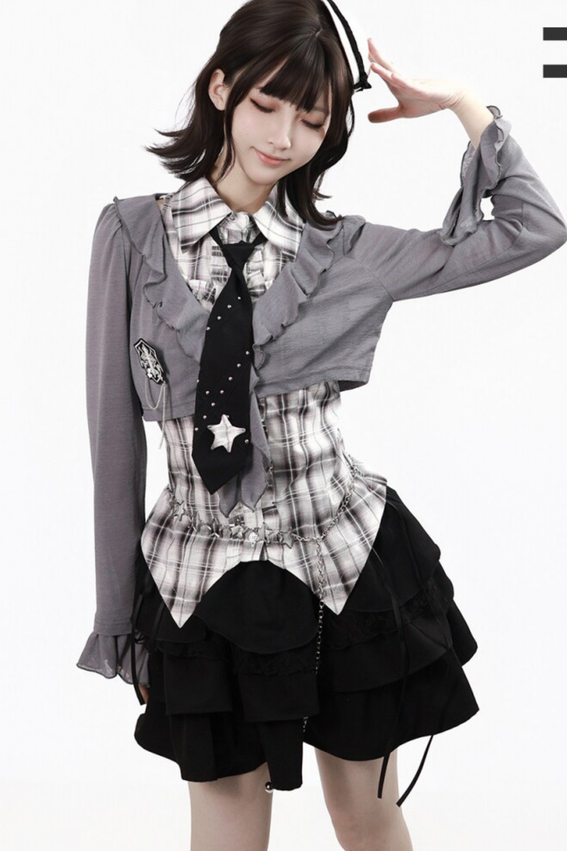 Plaid Sleeveless Shirt + Top + Tiered Skirt