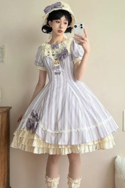 [pre-order] Striped Lolita Dress + Ribbon Clip