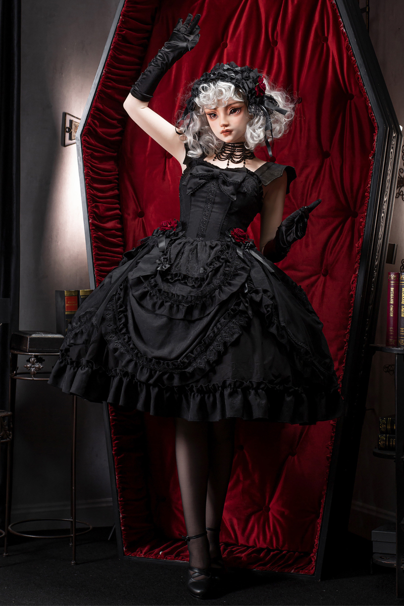 Dark Gothic Ruffle Lolita Dress + Waist Belt + Train + Hairband