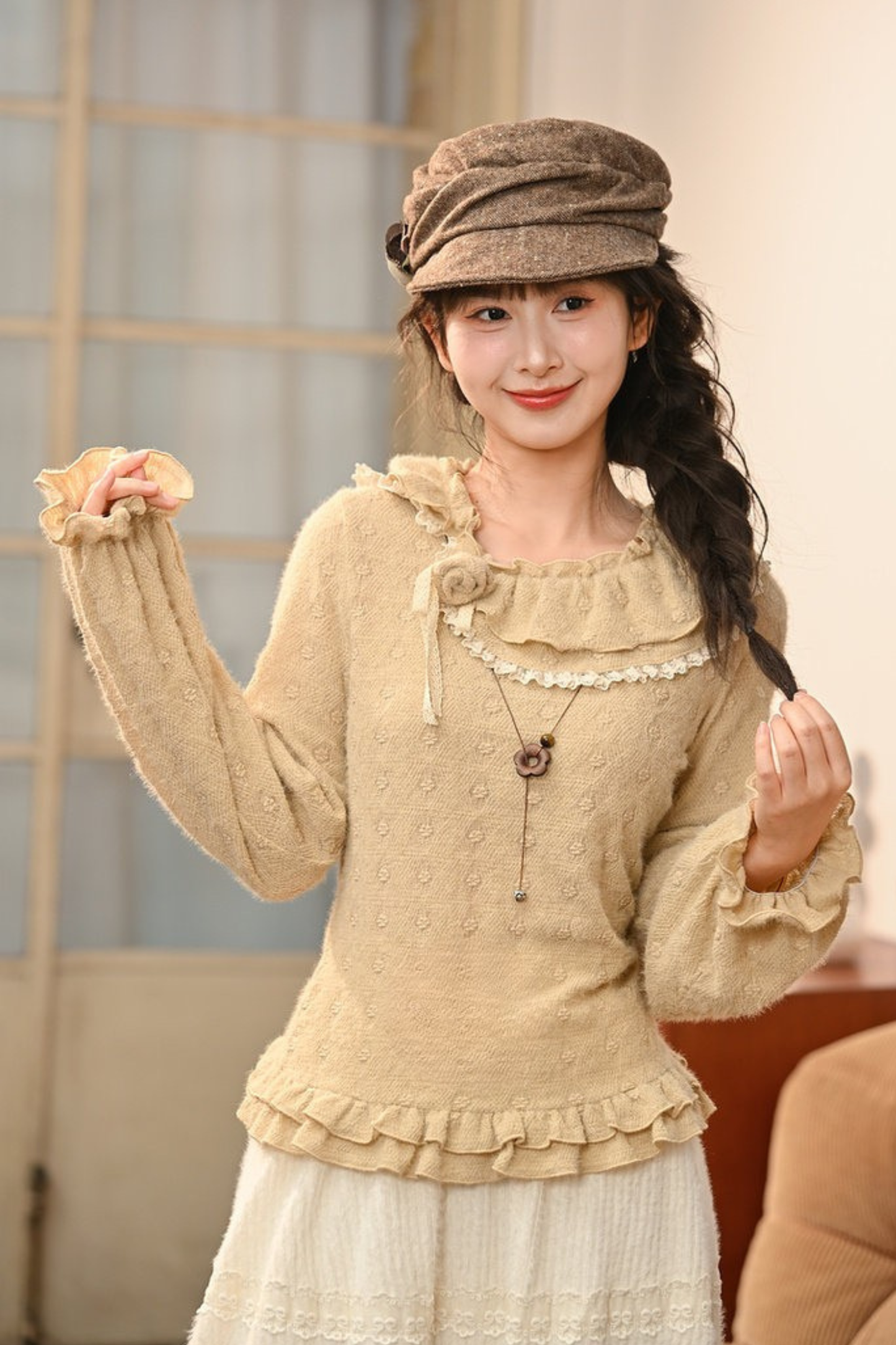 Lace Collar Long Sleeve Top