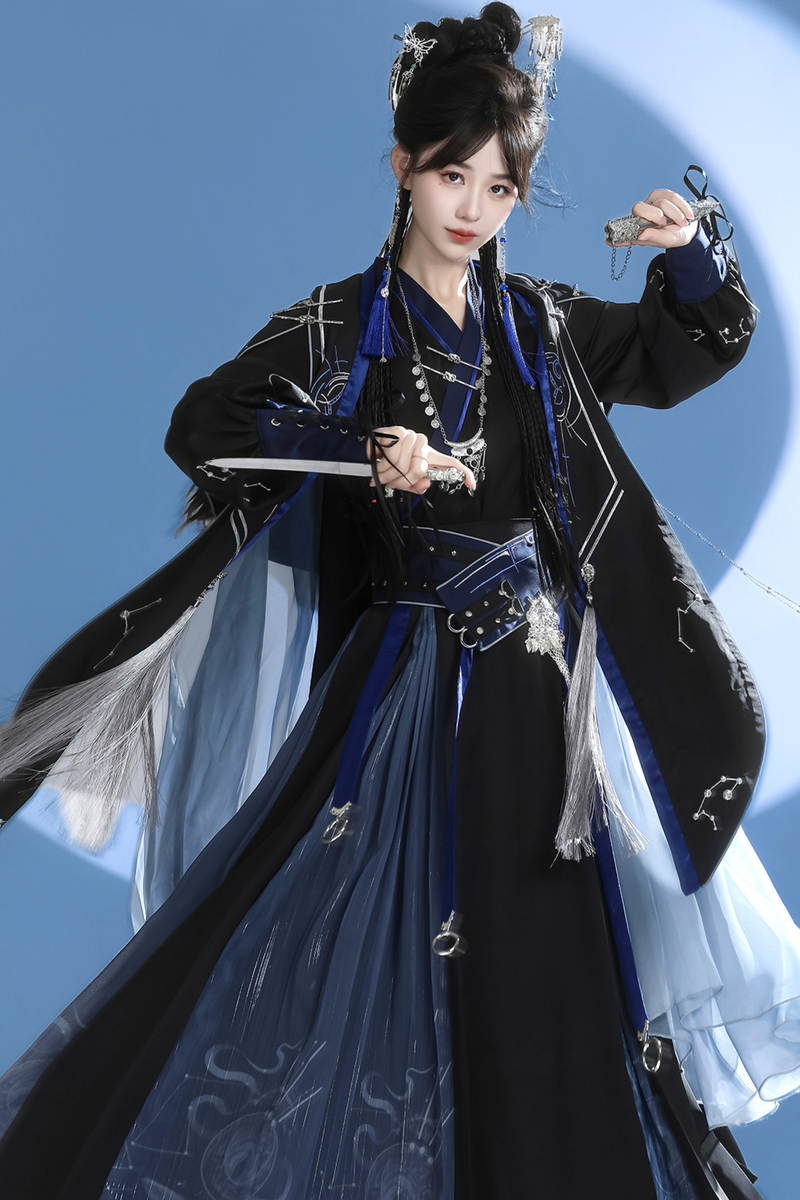 Dark Chinese-style Hooded Top + Belt + Cape + Necklace + Skirt