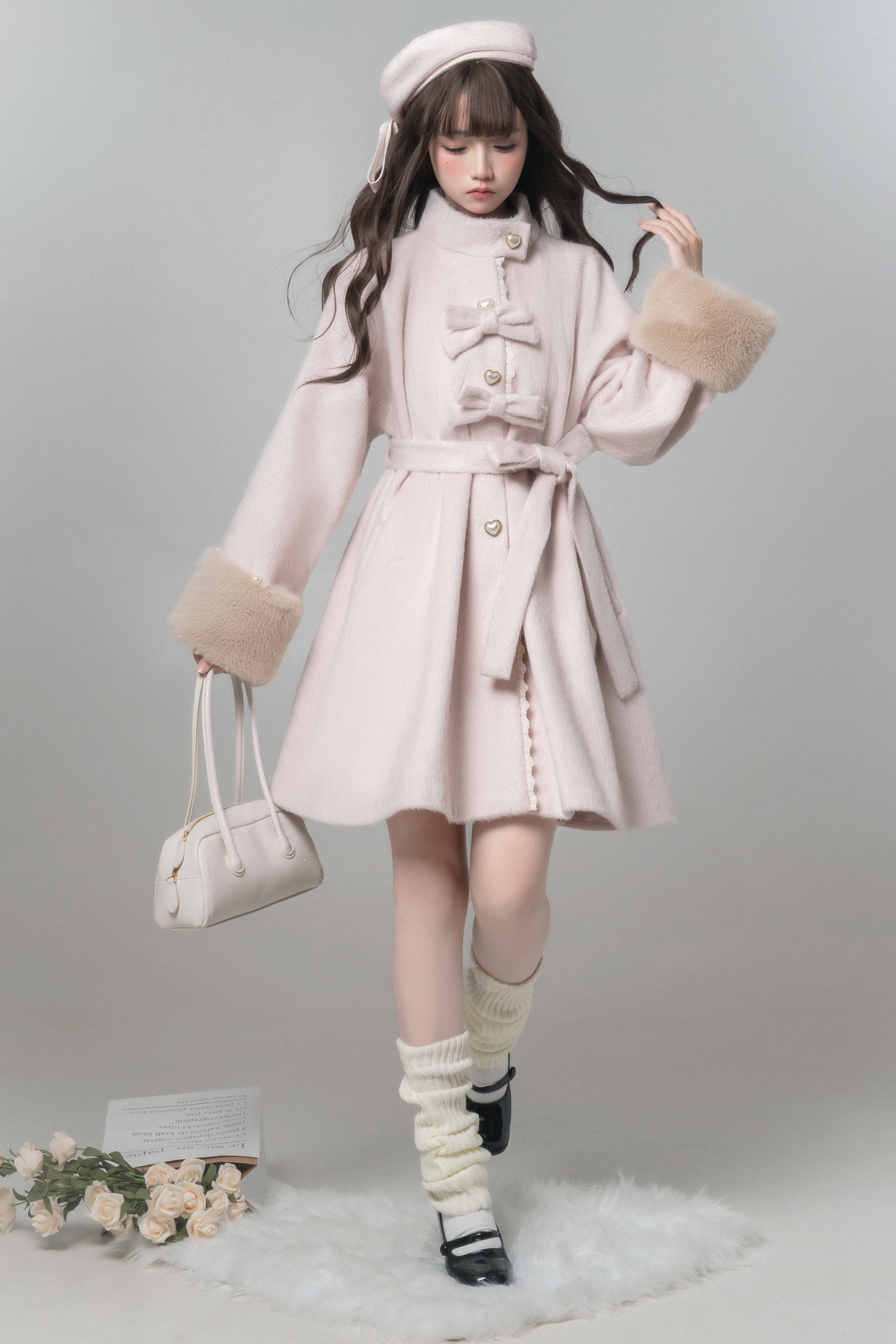 Sweet Girly Ribbon Flared Coat + Fur Collar + Shirt + Skirt + Beret