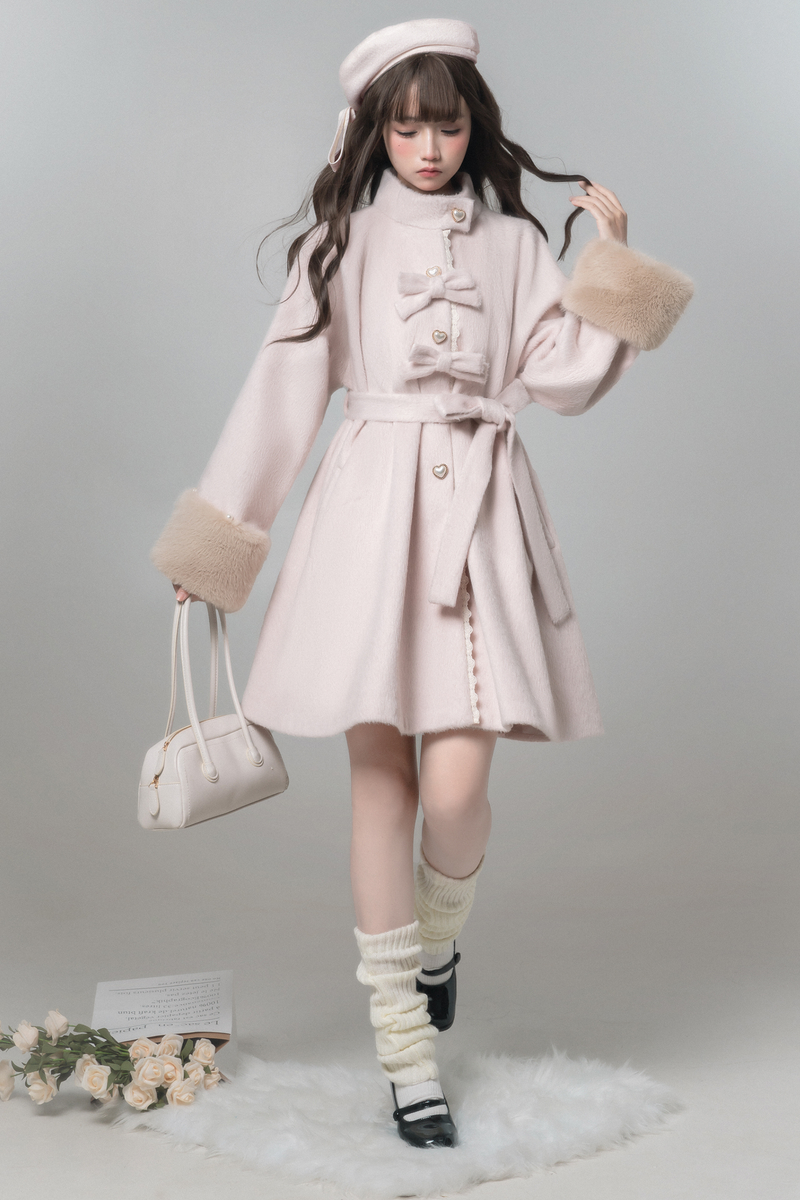Sweet Girly Ribbon Flared Coat + Fur Collar + Shirt + Skirt + Beret