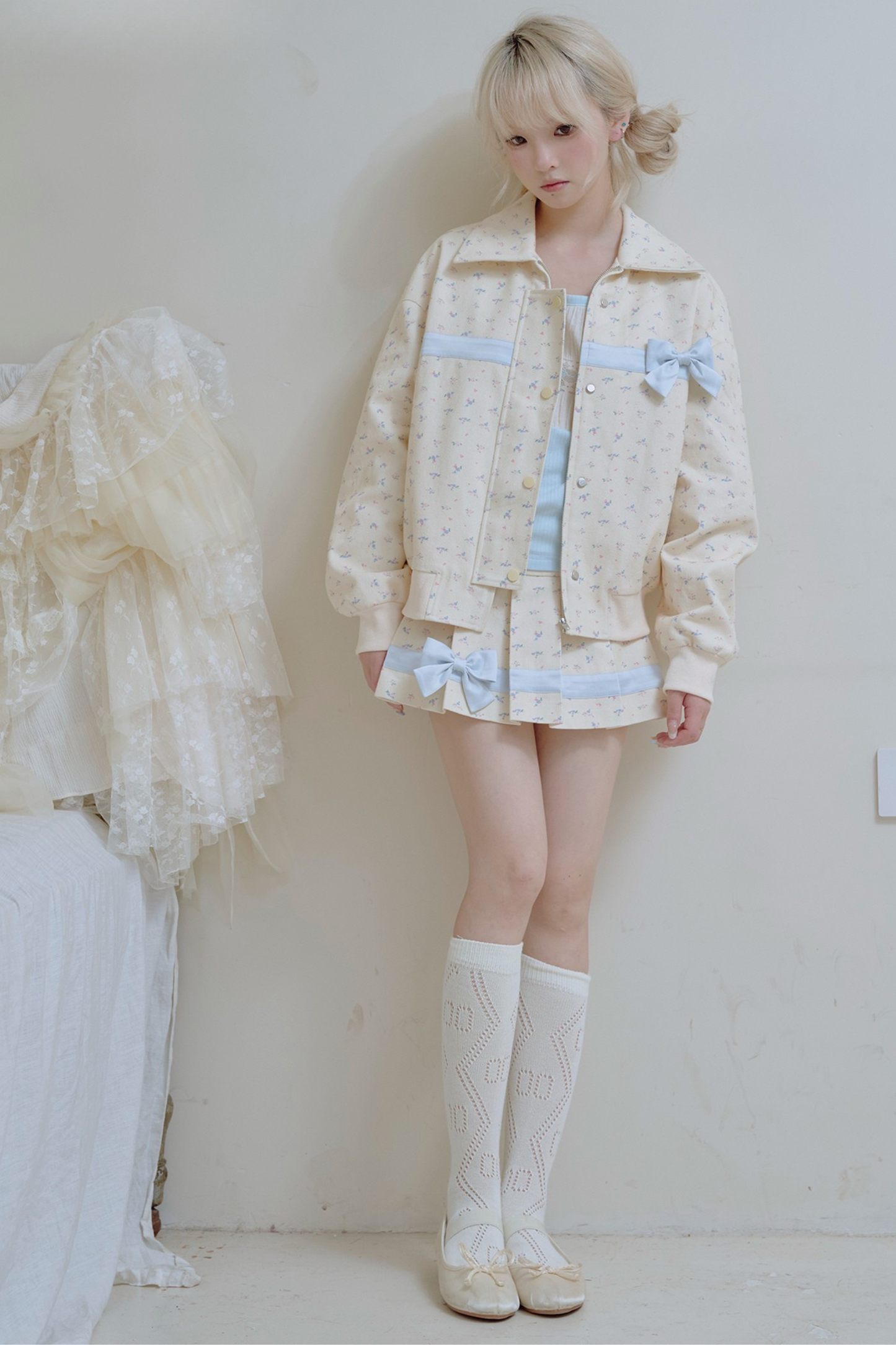 Flower Ribbon Jacket + Pleated Skirt