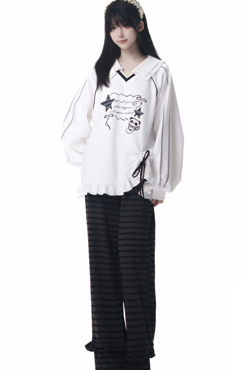Lapel Lace Star Top + Ruffle Pants