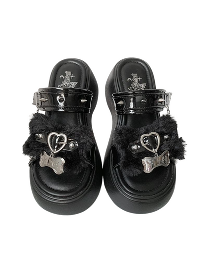 Punk Rivet Fur Chain Platform Flat Sandal
