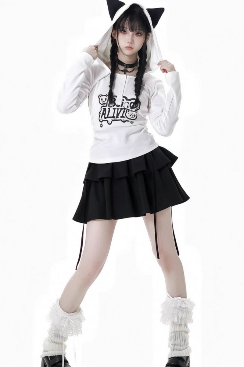 Cat Ear Hooded Top + Loose Knit Sweater + Cargo Pants + Strap Skirt