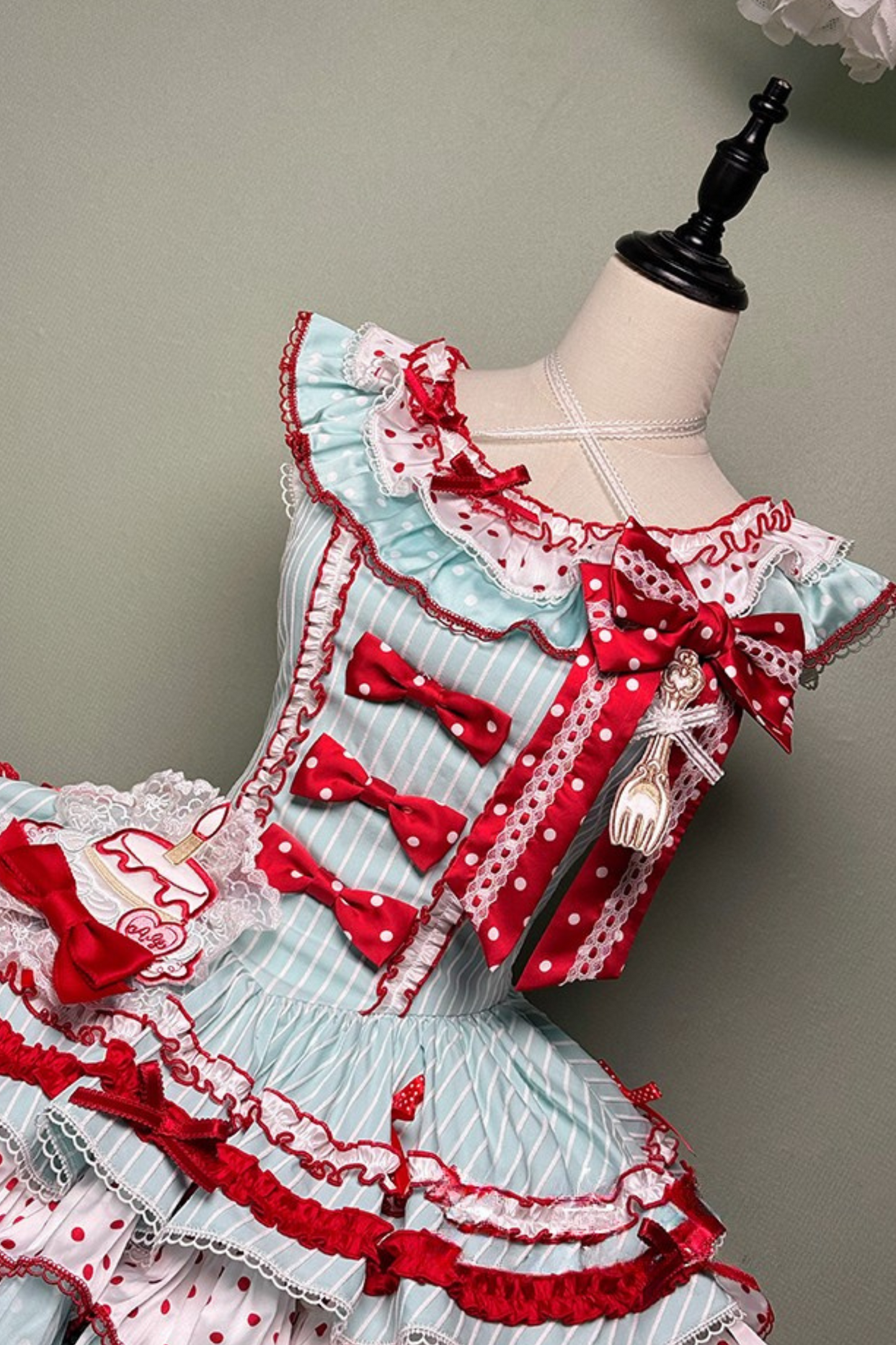 [pre-order Deadline: April 3] Twin Tiered Lolita Dot Ribbon Striped Dress + Flower Bud Skirt Dress
