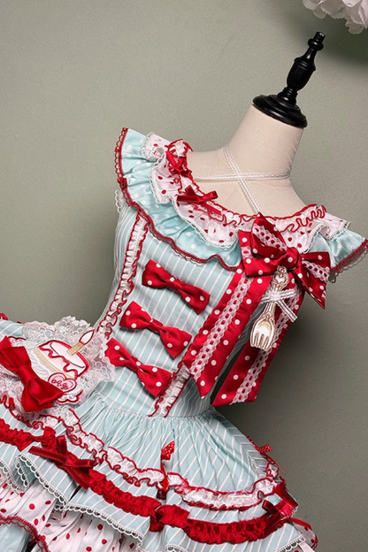 [pre-order Deadline: April 3] Twin Tiered Lolita Dot Ribbon Striped Dress + Flower Bud Skirt Dress