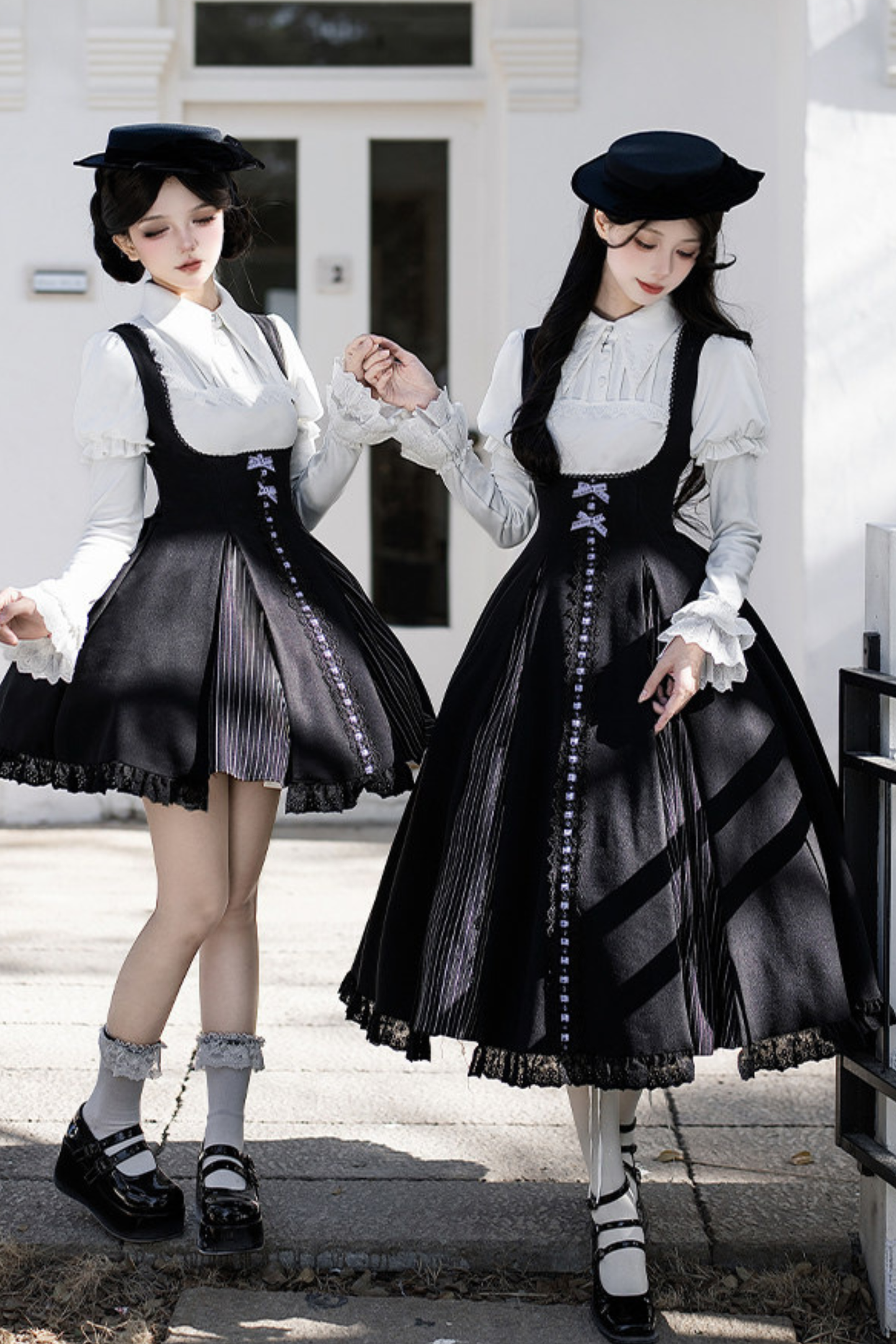 Sweet Lolita Flare Jumper Skirt + Tops + Hat + Ribbon + Collar