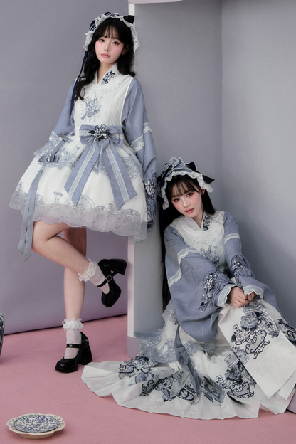 Chinese-style Jacket + Skirt + Overskirt + Ribbon + Brooch + Headband
