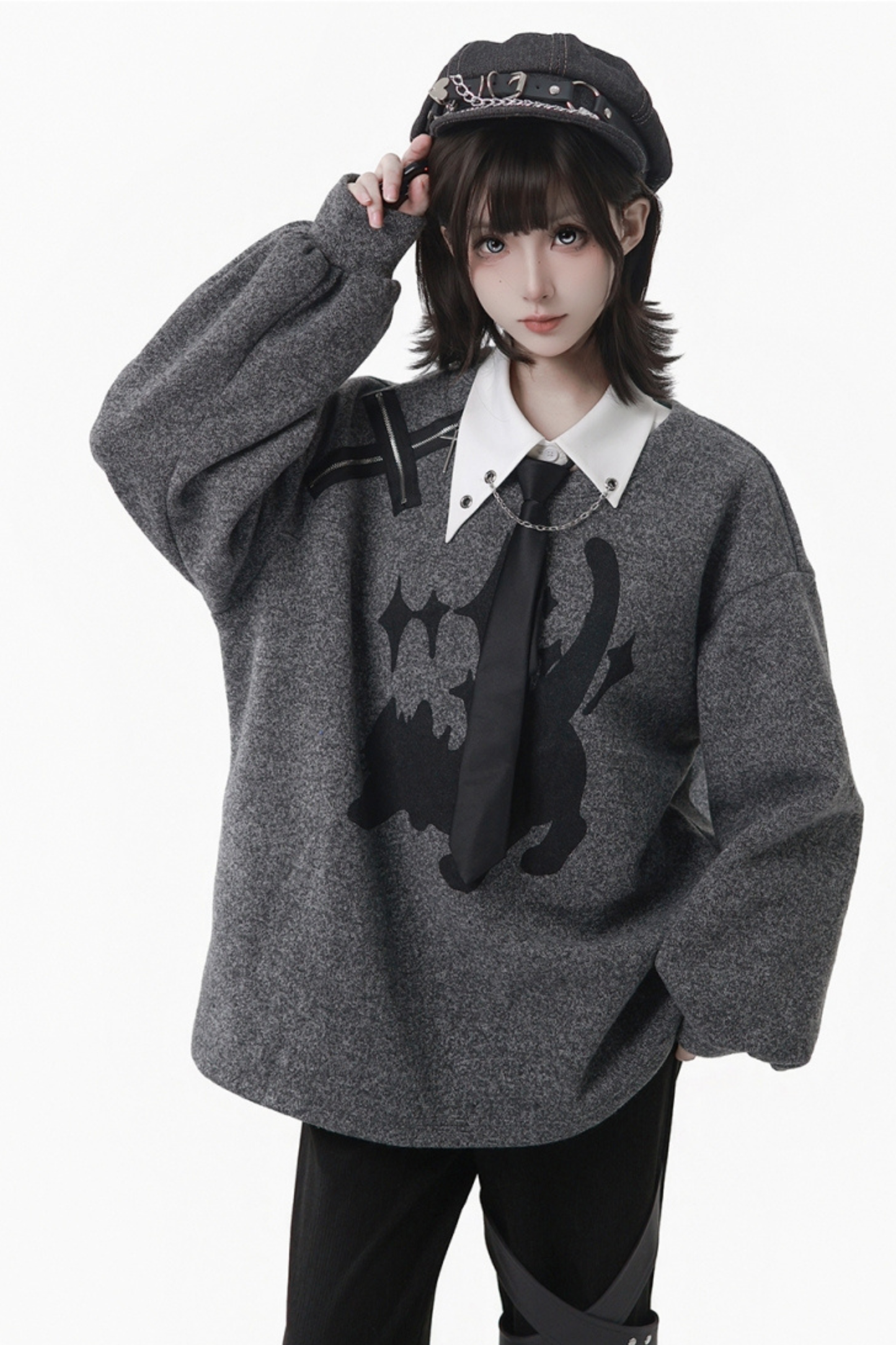 Gray Winter Preppy College Long Top + Short Top + Skirt + Pants + Shirt