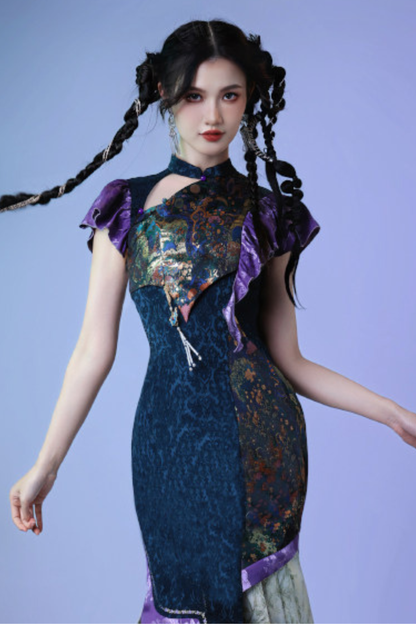 Colorful Weave Pleated Cheongsam Dress