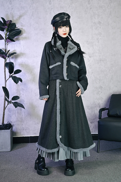Retro Mode Faux Fur Short Jacket + Skirt