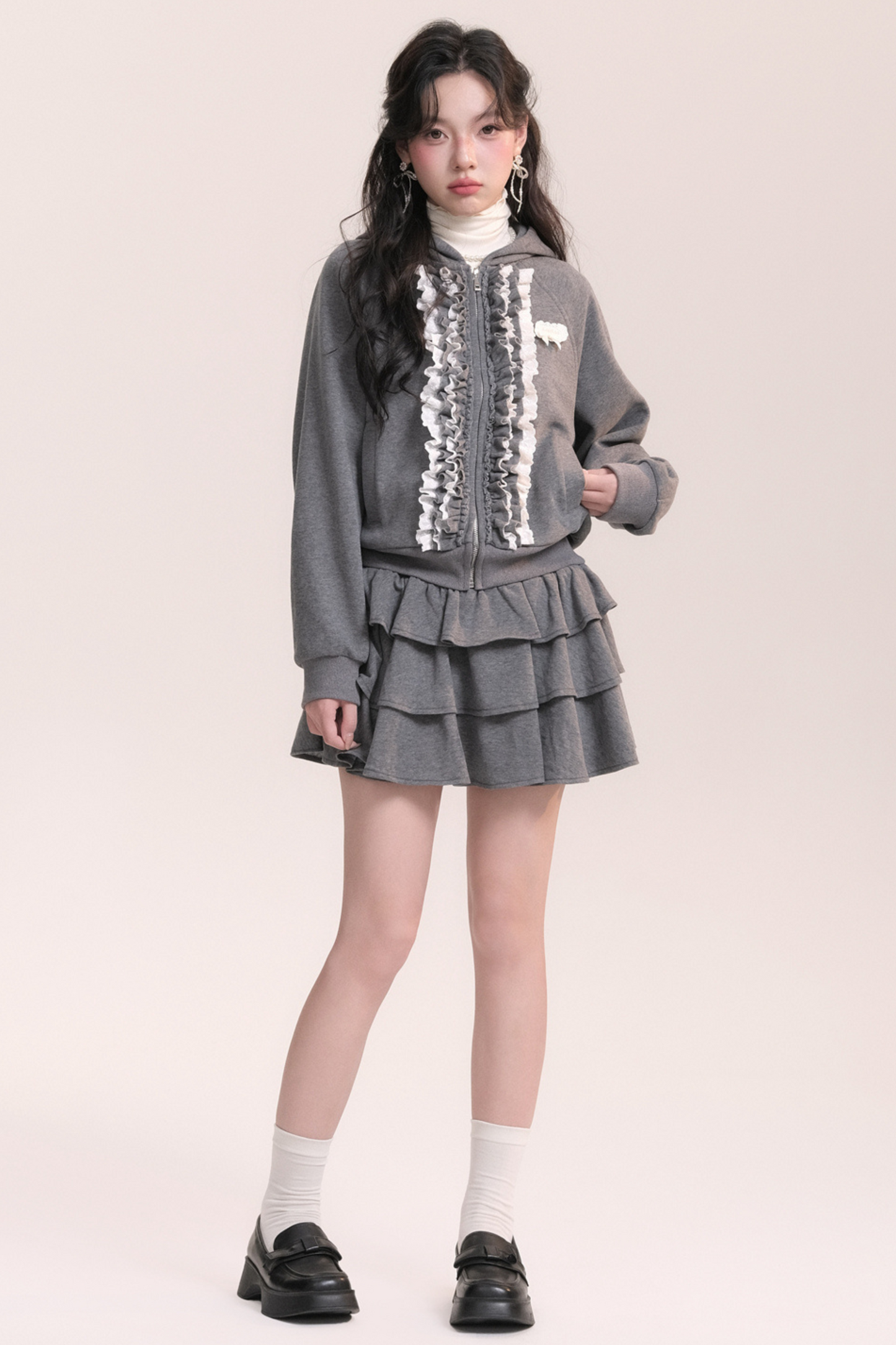 Ballet Lace Sweatshirt Hooded Jacket + Tiered Skirt