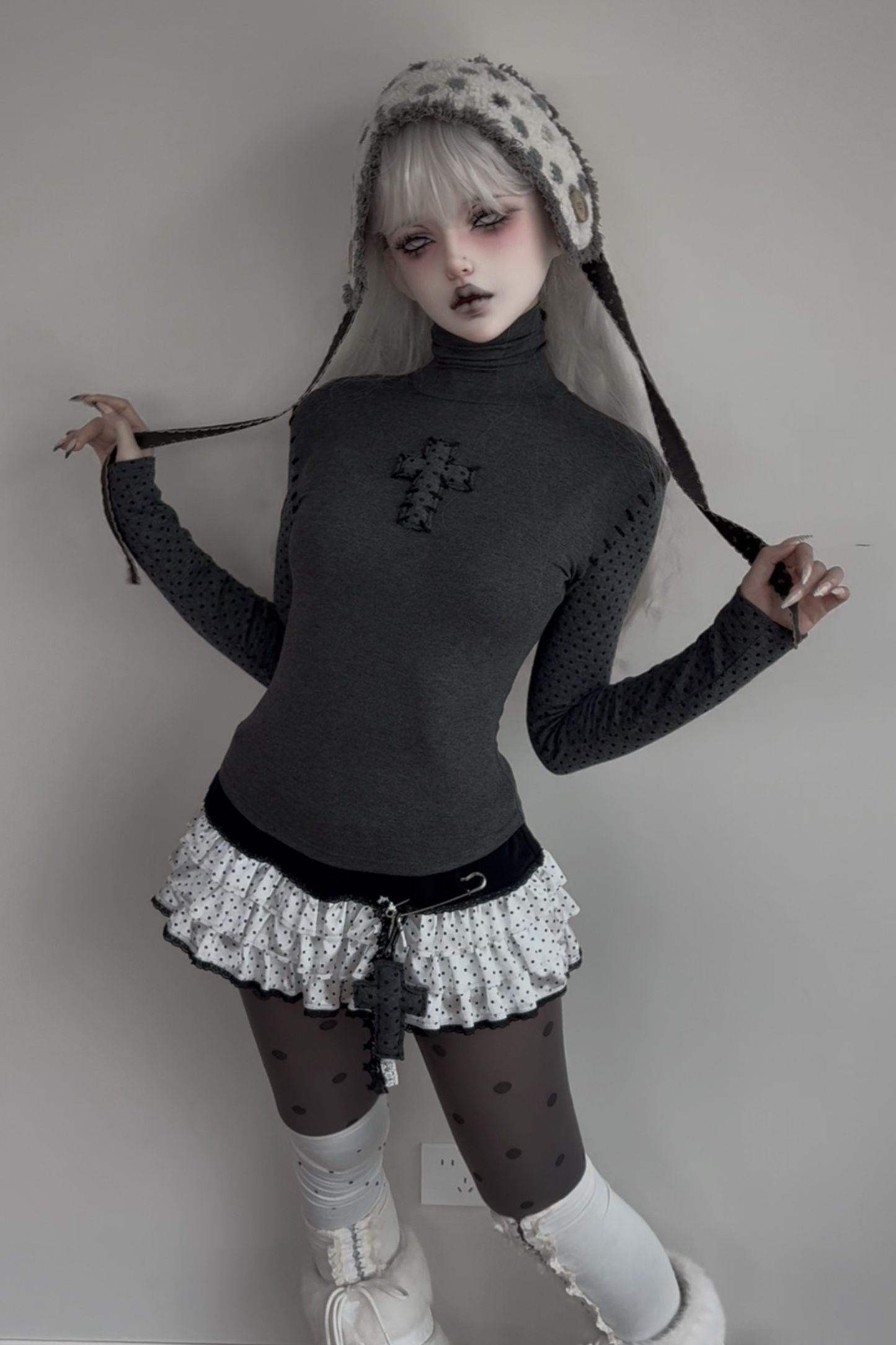 Cross Dot Turtleneck Top + Skirt + Pendant
