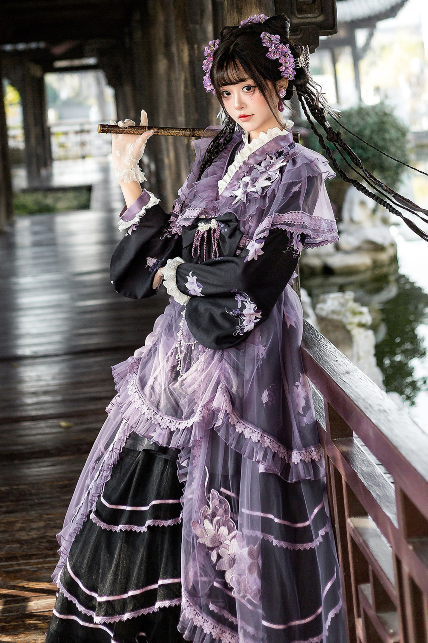 Dark Chinese-style Cross Collar Dress + Overdress + Skirt