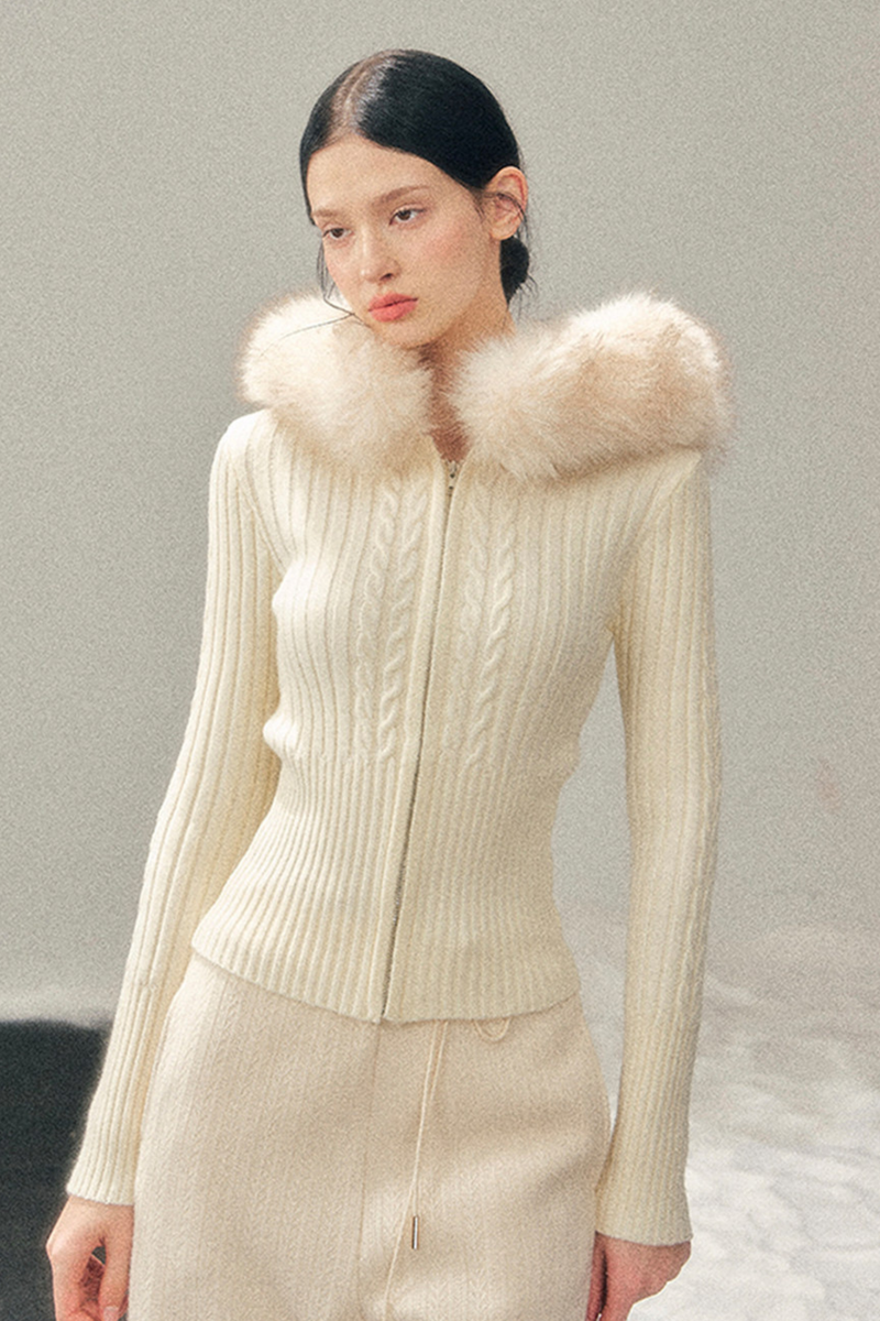 Fur Hood Knit Sweater Zip Top