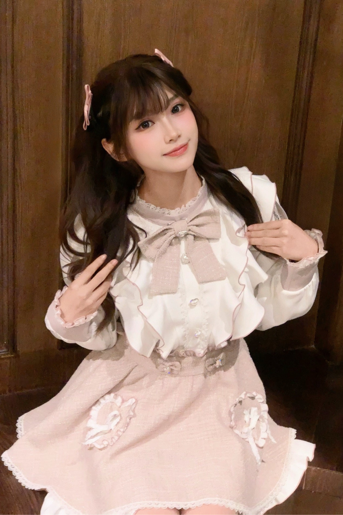 Lace Shoulder Ribbon Blouse + Skirt