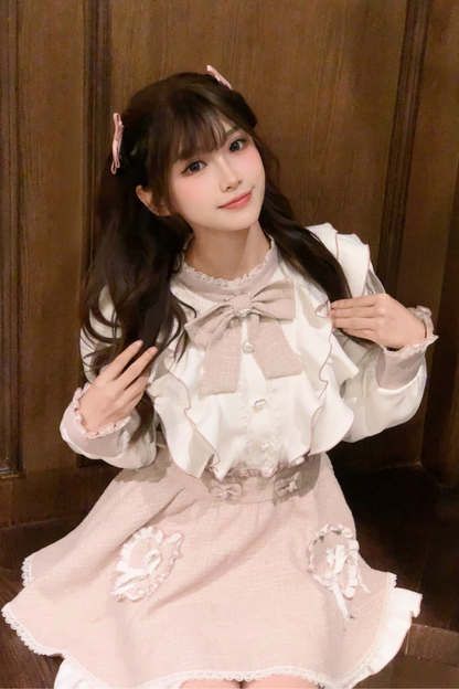 Lace Shoulder Ribbon Blouse + Skirt