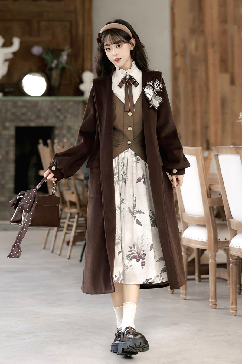 Retro Long Coat + Skirt + Shirt + Vest